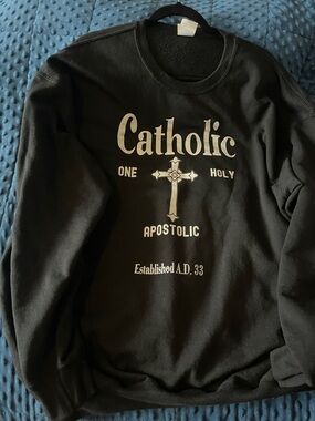 Port and Company Black Crewneck Sweatshirt with White Catholic Cross Graphic